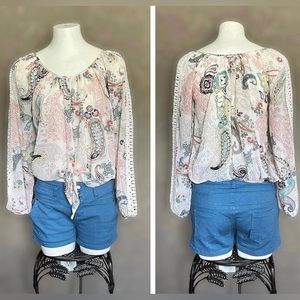 American Rag Cie Paisley Print White Crochet Lace Long Sleeve XS Peasant Blouse